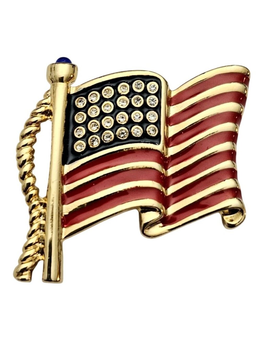 Franklin Mint US Flag Brooch Red Enamel Clear, Blue Rhinestone Pin Signed J710